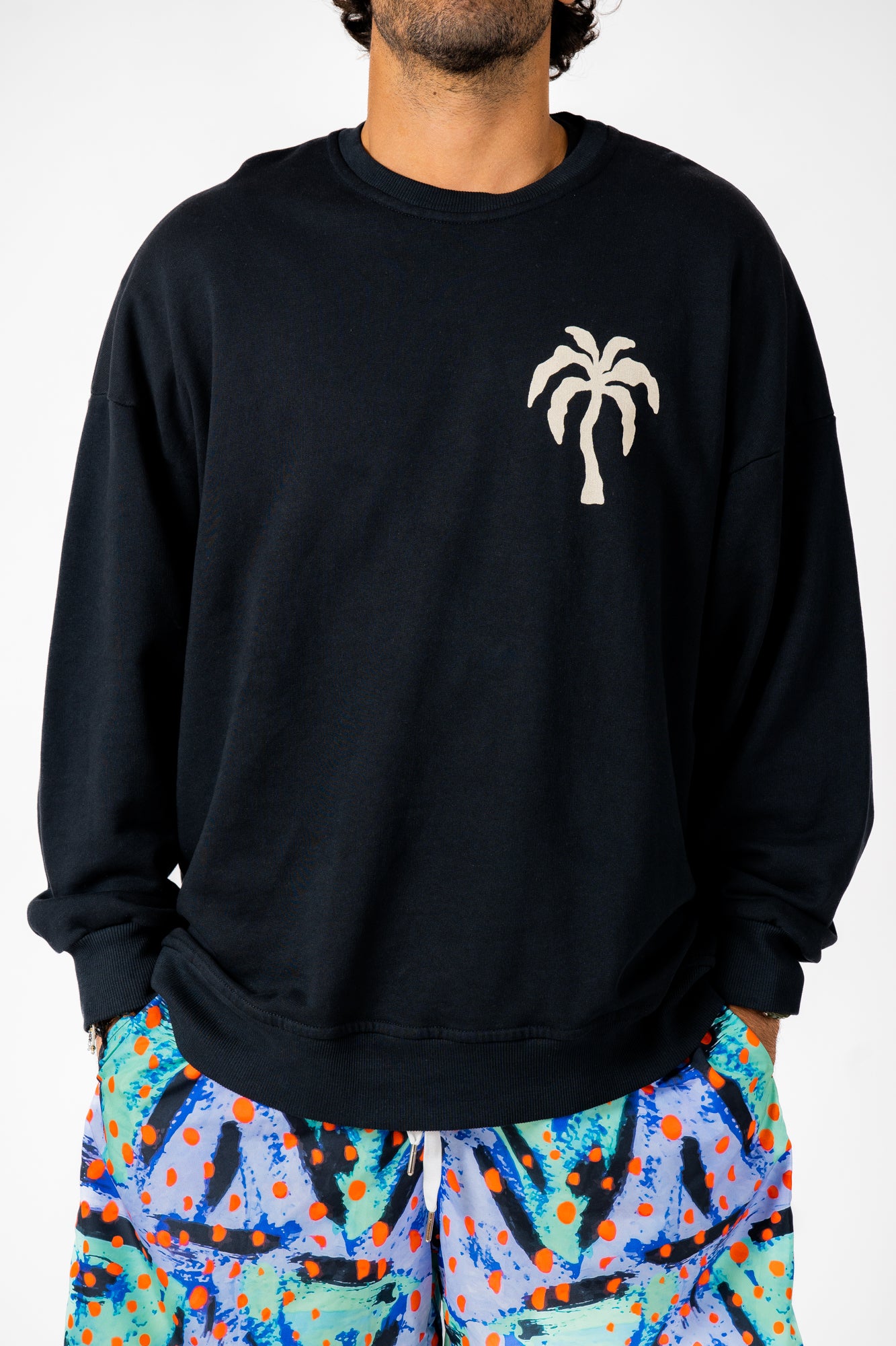 Felpa Girocollo Nera "Palm"